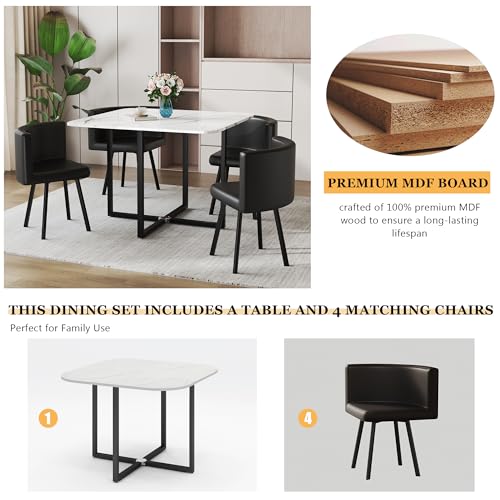 ModaWhly 39" Square Dining Table Set for 4, Space-Saving Negotiating Table Set with 4 Upholstered Chairs, 5 Piece Set Marble Tabletop & Black Chair ModaWhly