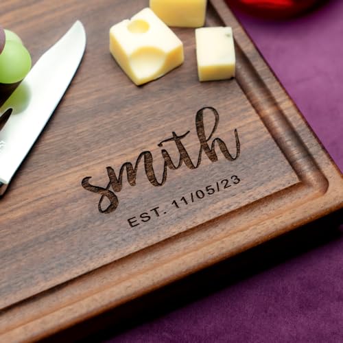Straga Personalized Cutting Boards | Handmade Wood Engraved Charcuterie | Custom Wedding, Anniversary, Birthday Gift for Couples (Script Corner Straga