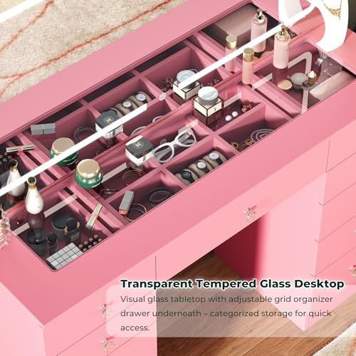 Furnivado Vanity Mirror with Lights, Vanity with Lighted Mirror, 11 Drawers Makeup Vanity Desk with 3 Lighting Modes Adjustable Brightness, Pink Vanity with Glass Top for Bedroom Furnivado