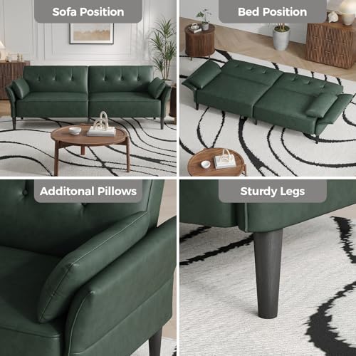 COPIAE 89” Futon Sofa Bed,Futon Couch Bed with 2 Square Pillows,Convertible Sleeper Sofa with Adjustable Backrest& Armrests, Modern Loveseat Sleeper for Living Room, Bedroom,Faux Leather Green COPIAE