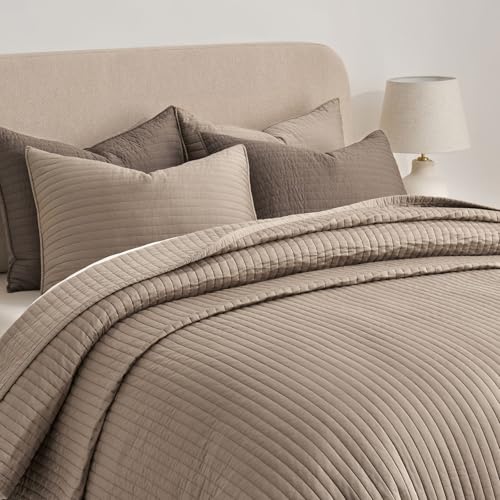 EVERGRACEHOME Cotton Sateen Quilt Set King Size, Pre-Washed Cotton Channel Stitch Coverlet Bedspread, 3 Pieces Lightweight Soft Bedding Sets for All Season, with 2 Pillow Shams, Stone Taupe EVERGRACEHOME