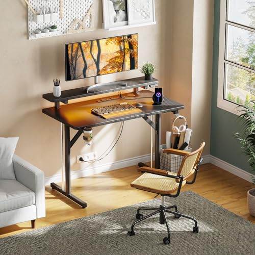 MOTPK Small Gaming Desk with LED Lights & Power Outlets, 31 Inch Computer Desk Gaming Table with Monitor Shelf, Gamer Desk with Carbon Fiber Texture, Kids Boys Desk Gift for Men MOTPK