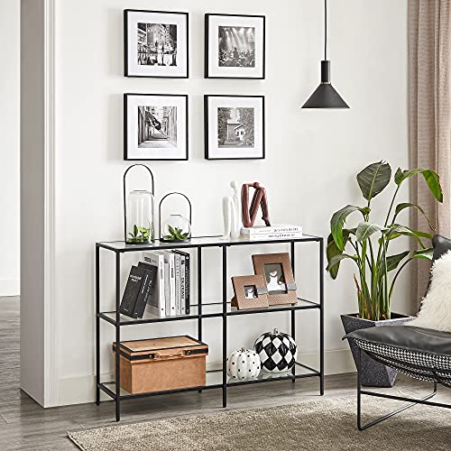 VASAGLE 39.4 Inch Console Table with 3 Shelves, Sofa Tables, Modern Entryway Table, Metal Frame, Tempered Glass Shelf, Entryway Living Room Bedroom, Classic Black and Transparent ULGT027B01 VASAGLE