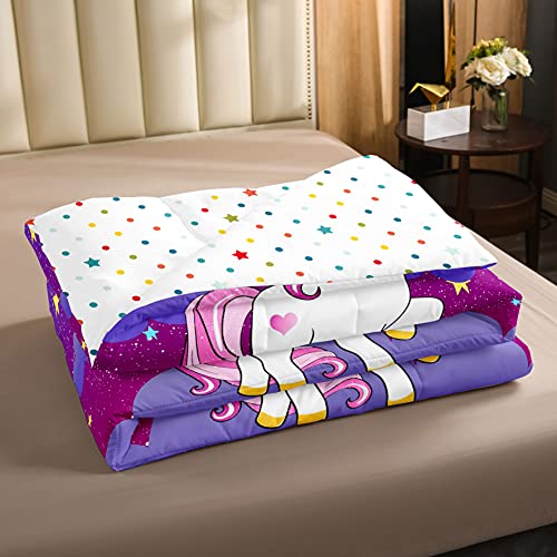 Erosebridal Girls Unicorn Comforter Set Twin Girls Bedding Set Cute Rainbow Unicorn Print Down Comforter Kids Cartoon Kawaii Duvet Insert Galaxy Stars Fantasy Room Decor Children Reversible Purple Erosebridal