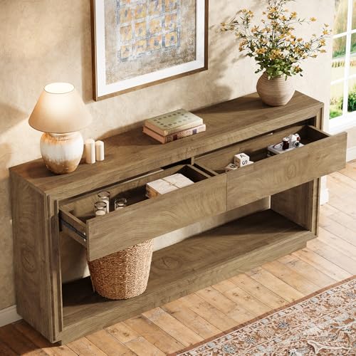 Tribesigns 63" Console Table with 2 Drawers, Farmhouse Entryway Table with Open Storage Shelf, Wooden Sofa Console Behind the Couch for Living Room, Hallway, Foyer, Brown Tribesigns