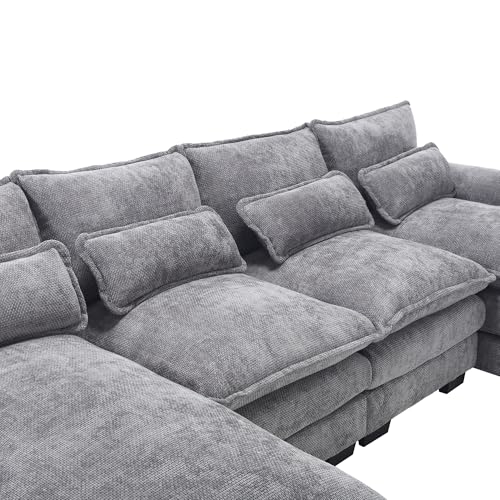 6 Seater Overstuffed Modular Sectional Sofa Cloud Couch with Double Chaise Lounge, U Shaped Chenille Upholstered Leisure Sofa&Couches with Memory Foam and Waist Pillows for Living Room Office Eafurn