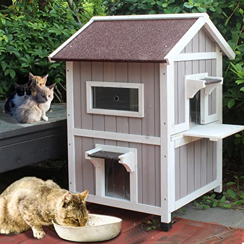 Rockever Outdoor Cat House, Large Outdoor Houses for Feral Cats Wooden Outside Cat Shelter Weatherproof with Escape Door Rockever