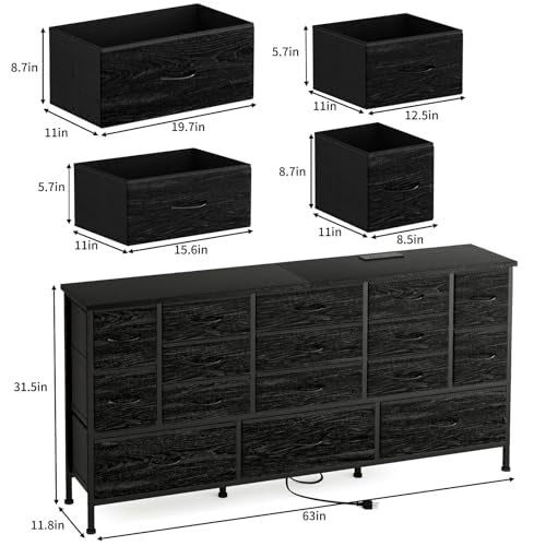 Fixwal 63.3 Inch Large Black Dresser for Bedroom, 16 Drawer Dresser, Long TV Stand for 55, 65, 70 Inch TV with Power Outlets, Fabric Chest of Drawers for Bedroom, Living Room, Entryway, Black Fixwal