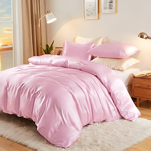 Vonty 3-Piece Silky Satin Duvet Cover Set Full/Queen Size Duvet Cover, Organic Natural 400TC Pink Duvet Cover Set - Luxury & Sexy Bedding Duvet Covers with Zipper Closure(No Comforter) Vonty