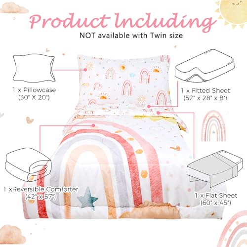 CARUILI Toddler Bedding Set for Girls, 4 Piece Rainbow Toddler Girl Bedding Set, Super Soft & Lightweight Toddler Comforter Set Includes Comforter, Flat Sheet, Fitted Sheet, Pillowcase (Pink) CARUILI