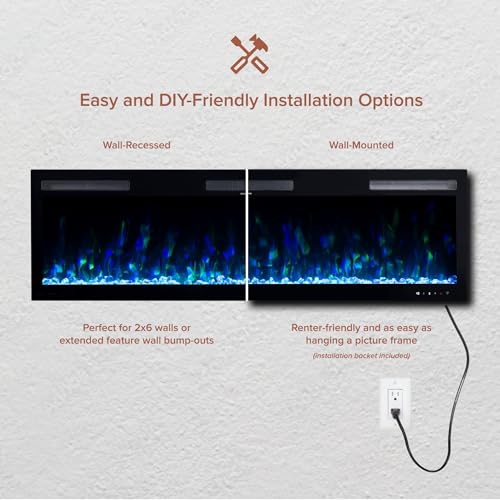 Modern Ember Vibrance 60 Inch Smart Linear Electric Fireplace Insert - Recessed or Wall-Mount, LED Multi-Flame Colors, Alexa/WiFi Enabled - Remote Included - Crystals Modern Ember