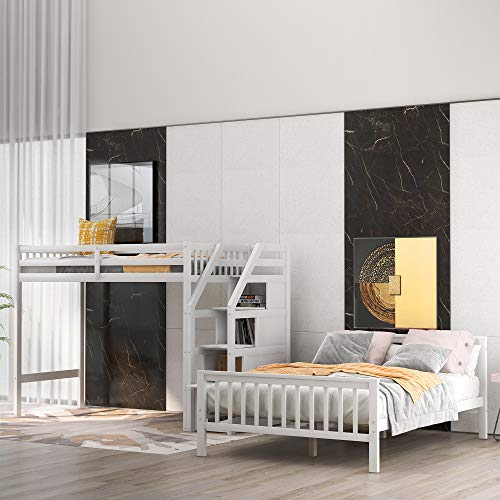 MERITLINE Twin Over Full L Shaped Bunk Beds with Stairs and Storage, Solid Wood Convertible Bunk Loft Beds with Storage Staircase and Guardrail, No Box Spring Needed (Twin Over Full,White) MERITLINE