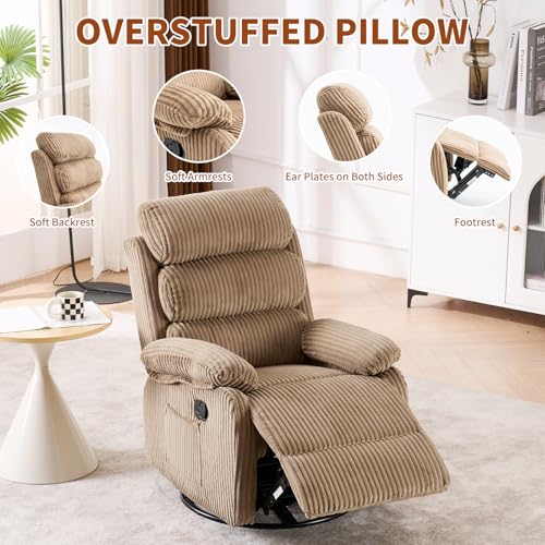 Velvet Upholstered Glider Recliner Chair – 360° Swivel Rocker Chair for Adults, Small Rocking Chair for Small Spaces, Soft Fabric Recliner Chair with Side Pockets, Comfortable Nursery Chair,Brwon