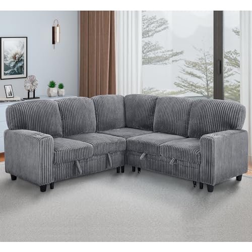 Ball & Cast L-Shaped Sleeper Sofa Bed,5 Seater Sectional Couch with Pull Out Bed and USB Charging,Cupholders & Storage Seats,Convertible Sofa Bed for Living Room,Apartment,Corduroy Fabric,Gray,81" Ball & Cast