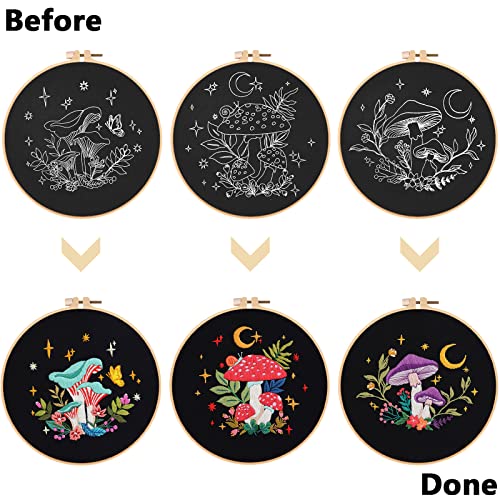 Nuberlic 3 Pack Embroidery Kit for Adults Beginners, Stamped Cross Stitch Starter Kit with Mushroom Patterns, Embroidery Hoops, Threads, Needles & Instructions, DIY Needlepoint Craft Gift