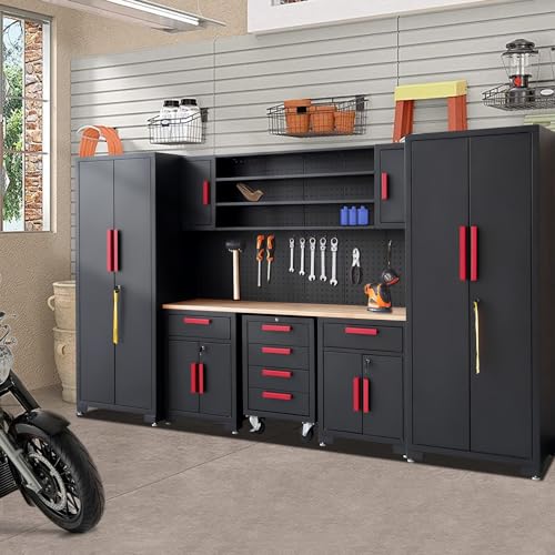 HPDMC Garage Storage Cabinet System 9-Pcs Workshop Set Garage Cabinets and Storage System with Steel Cabinet Drawers, Rolling Chest, Workbench, Pegboard for Garage Tool Organization, Black and Red HPDMC