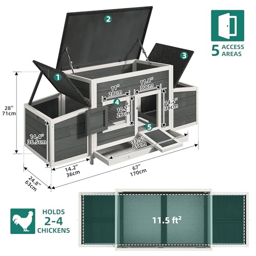YITAHOME Chicken Coop 11.5ft² Large Wooden Chicken House Chicken Pen Outdoor with 2 Nesting Boxes Poultry Cage Rabbit Hutch Duck Cage with Weatherproof Roof (Grey) YITAHOME