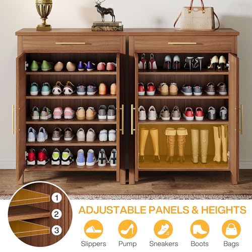 Tribesigns Shoe Cabinet, 5-Tier Shoe Storage Cabinet with Louvered Doors and Drawer, Freestanding Wooden Shoe Rack Organizer with Adjustable Shelves for Entryway, Hallway, Closet, Brown Tribesigns