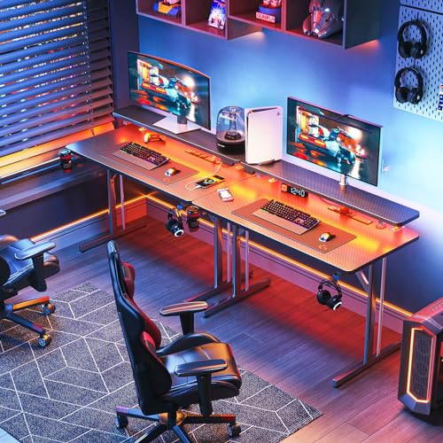 MOTPK Small Gaming Desk with LED Lights & Power Outlets, 31 Inch Computer Desk Gaming Table with Monitor Shelf, Gamer Desk with Carbon Fiber Texture, Kids Boys Desk Gift for Men MOTPK