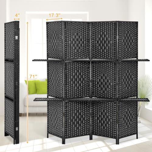 Room Divider Folding Portable Privacy Wooden Screen 4 Panel Partition Wall Indoor/Outdoor Folding Screen w/Dual-Sided Hinges & 2 Removable Display Shelves for Home Office, Black Dkeli