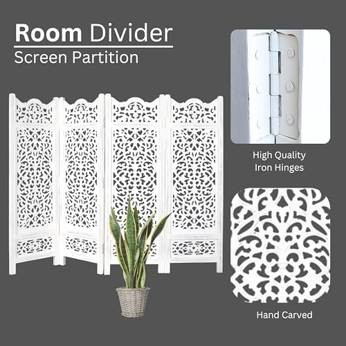 Room Divider Wood Screen Panel – Antique White, 4-Panel Folding 64"x48", Hand-Carved, Reversible Privacy Partition, Decorative & Functional Portable Room Divider for Home or Office The Wooden Town