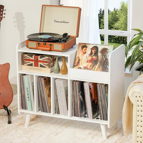 UODERS Record Player Stand, Large Record Player Table Cabinet with Open Vinyl Storage and Display Shelf Holds up to 350 Albums, Mid Century Wood Turntable for Living Room, Bedroom (White) UODERS