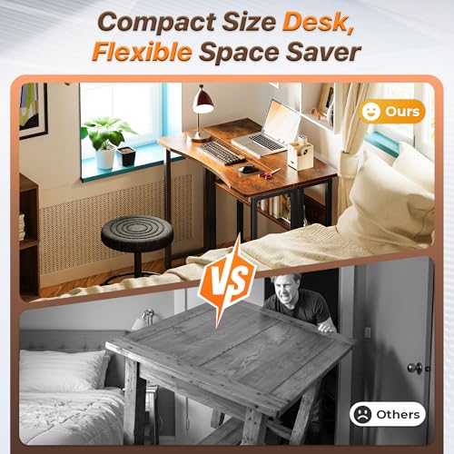 Huuger Folding Desk with Storage Shelf, 31.5 Inch Foldable Computer Table for Small Spaces, Space Saving Sofa Table for Couch, Writing Work Office Computer Desk, Easy to Fold, Rustic Brown Huuger