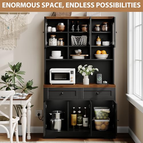 GarveeHome Pantry Cabinet with Charging Station, Tall Kitchen Pantry Storage Cabinet with Hutch,70.8 Inch Kitchen Cabinet with 30mm Thickened Countertop, Fluted Glass Doors, for Dining Room, Balck GarveeHome