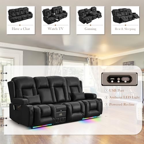 TUNYI Power Loveseat Recliner Sofa with Massage & Heat Home Theater Seating with Console RV Recliner Loveseat Sofa with USB/Storage/Side Pocket/LED Light/Speaker (Black, 3 Seat with Console)