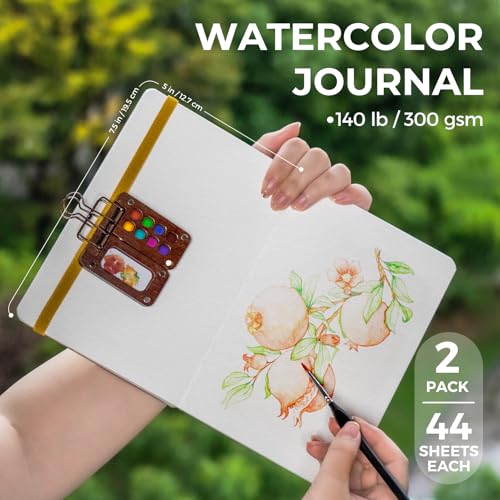 Funto Watercolor Journal, 7.5x5, 2 Packs, 44 Pages Each, Cold-Pressed 100% Cotton,PU Leather Green Cover, Art Supplies for Mixed Media Funto