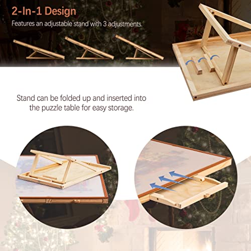 Tektalk Jigsaw Puzzle Table with Leather Bar, Wooden Plateau Portable Puzzle Board Saver with Embedded Adjustable Stand/Bracket and Removable Cover, 4 Sorting Drawers, for Up to 1500 Pieces Tektalk