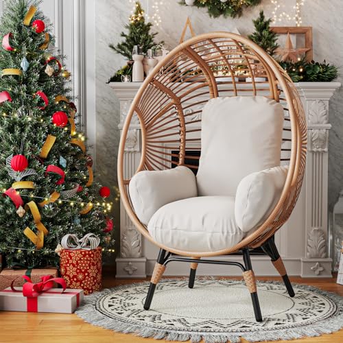 LUTINLIX Oversized Wicker Egg Chair Outdoor Indoor,Patio Lounge Chair with Thicken Cushions, Egg Reading Chair 500lbs Capacity for Garden, Backyard, Porch,Bedroom (Beige-Regular, 1pcs) LUTINLIX