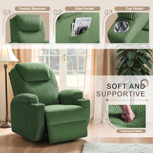 Flamaker Power Lift Recliner Chair Electric Lift Recliner for Elderly Power Lift Recliner Chair with Cup Holders Side Pockets for Living Room (Corduroy, Green)