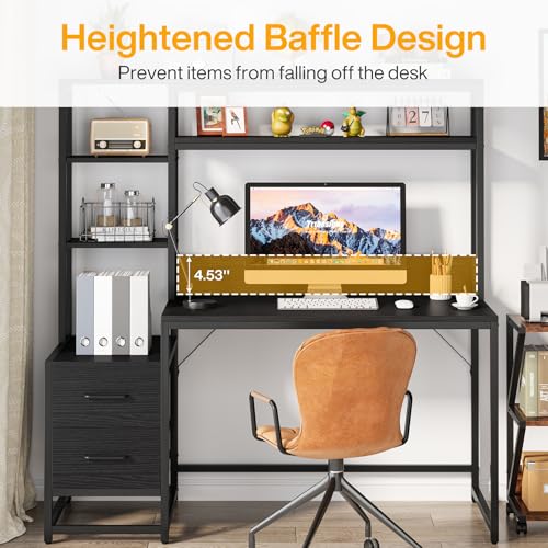 Tribesigns 55 Inch Computer Desk with 2 Drawers and Storage Shelves, Rustic Office Desk with Hutch, Study Writing Gaming Table Laptop Workstation for Home Office (Black) Tribesigns
