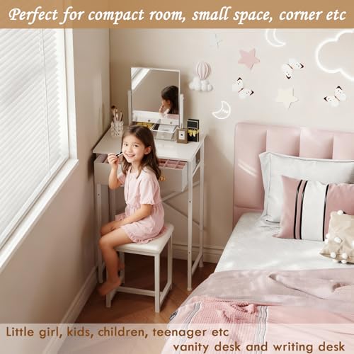 X-cosrack Small Makeup Vanity Desk with Mirror & Chair, Mini Vanity Desk Table Set with Fabric Storage Drawer, 19.7" Compact Vanity Desk for Girls, Dressing Table with Chair for Bedroom, White X-cosrack