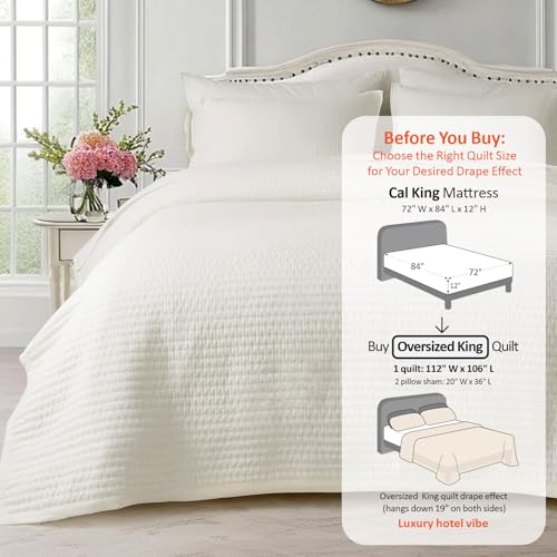 Oversized King Quilt Set 112"x106" – Soft Washed 3 - Layer Lightweight California King Bedspread, Minimalist Nordic Design, All-Season Spring & Summer Quilt Set (1 Quilt + 2 Pillow Shams), Cream White KASENTEX