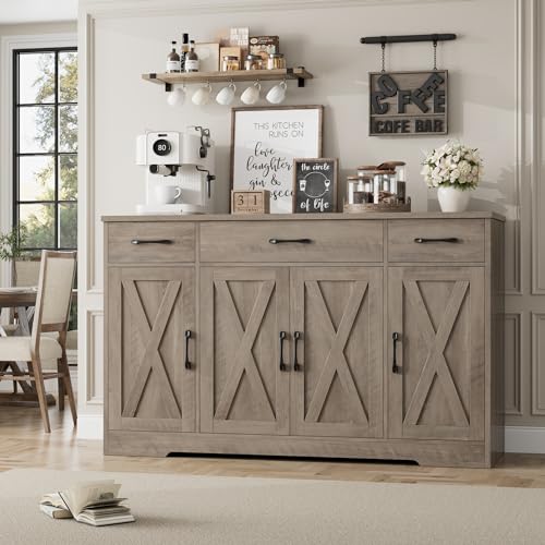 HOSTACK Buffet Sideboard Cabinet with Drawers, 55" Large Buffet Storage Cabinet with Shelves & 4 Doors, Modern Farmhouse Coffee Bar Cabinet Wood Buffet Table for Kitchen, Dining Room, Ash Grey HOSTACK