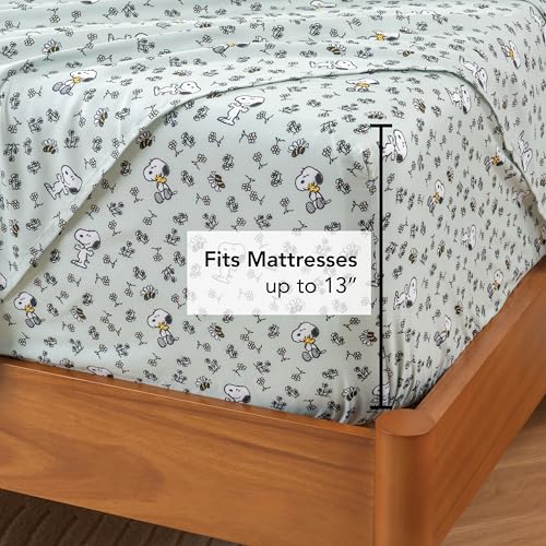 Berkshire Blanket Peanuts® Kids Sheet Set Twin Size - 3 Pieces,Cute Character Snoopy Printed Soft Microfiber Bed Sheets,Mini Snoopy & Woodstock New Flower and Bees Sage Berkshire Blanket