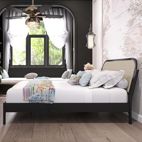 Aurelia Queen Size Bed Frame - Stylish Black Bohemian & Mid Century Modern Design with Solid Wood Support Bme
