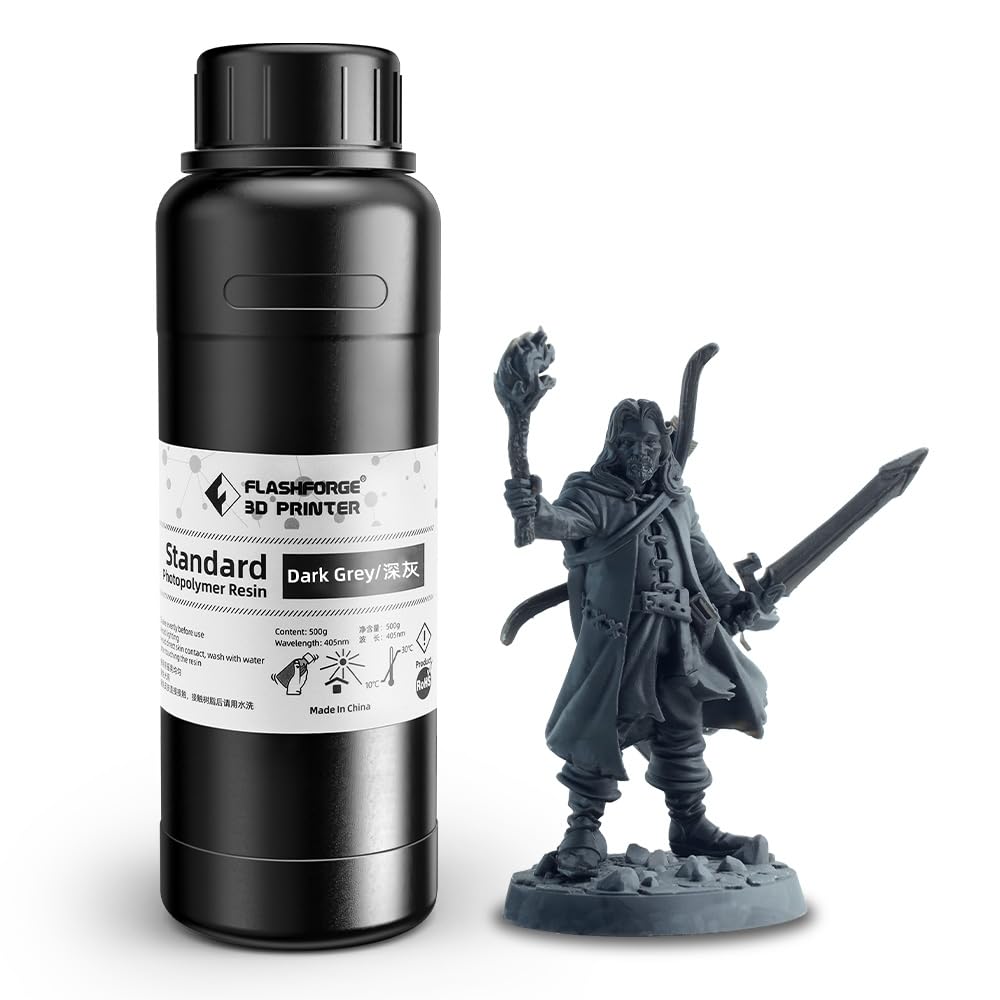 FLASHFORGE 3D Printer Resin, Fast Curing Standard 3D Resin High Precision & Excellent Fluidity with Low Odor, 405nm UV Curing 3D Printing Resin for LCD/DLP/SLA Resin 3D Printer (Dark Grey, 500G) FLASHFORGE