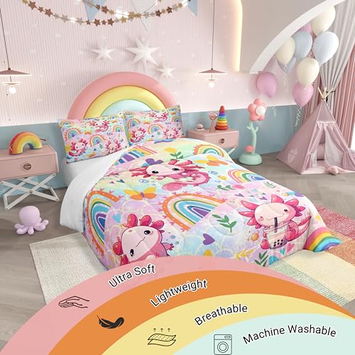 Feelyou Cute Axolotl Comforter Cartoon Salamander Comforter Set for Kids Boys Girls Rainbow and Butterflies Bedding Set Ombre Quilt Set Bedroom Collection 2Pcs Twin Size Feelyou