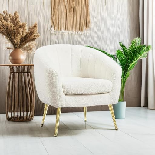 Yaheetech Sherpa Fabric Accent Chair, Modern Cozy Vanity Chair with Gold Metal Legs, Boucle Fabric Armchair with Removable Seat Cushion for Living Room Bedroom Office Guest Room, Ivory Yaheetech