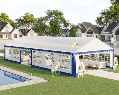 AMERLIFE 20 x 40 FT Party Tent with Rolled Sidewalls, Heavy Duty Wedding Tent for Party Outside with Zinc Alloy Tube & Spiral Stakes, Waterproof Event Shelters, White & Blue