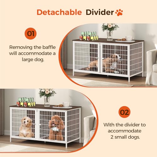 MAHANCRIS Dog Crate Furniture for 2 Dogs, 43.3" Dog Kennel with Removable Divider, Heavy Sturdy Dog Furniture Style Double Cage for Small Medium Dogs, Indoor Pet House End Table, White and Walnut MAHANCRIS