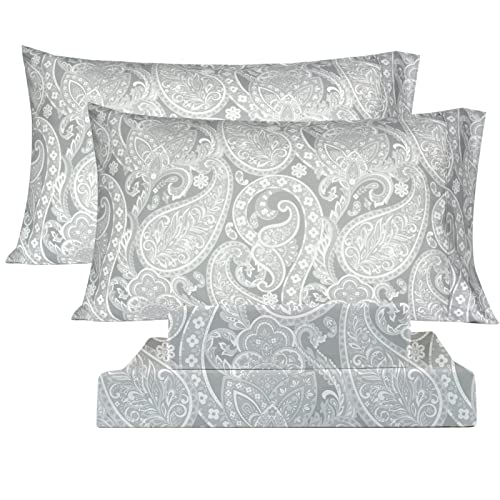 KACEMOO Bed Sheets Twin Size Light Gray Paisley Sheets Printed Floral Sheet Set Flower Pattern Deep Pocket Fitted Bed Sheet Set Microfiber Soft Breathable 1800 Thread Count Single Bedding Set KACEMOO