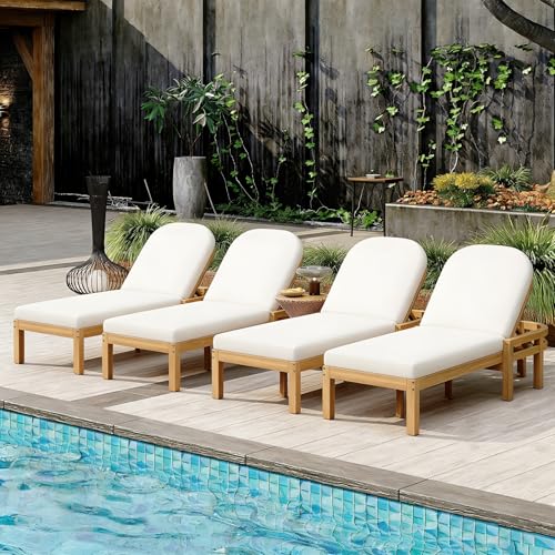 Merax 4 Piece Outdoor Chaise Lounge,Acacia Wood Patio Recliner with Arched Backrest,5-Position Adjustable Backrest,Thick Cushion,Outdoor Lounge Chair for Poolside,Backyard,Deck & Lawn,Light Teak