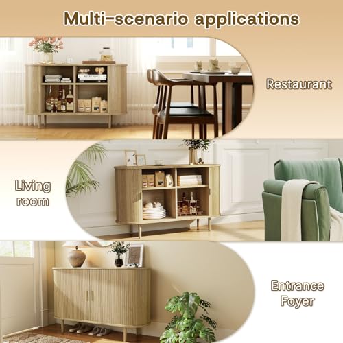 SoarTalent Fluted Sideboard Buffet Cabinet with Storage, 47" Mid-Century Modern Console Table with Sliding Doors, Wood Credenza for Dining Room, Coffee Bar Station, Light Oak SoarTalent