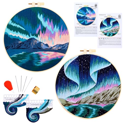 Aurora Borealis Embroidery Starter Kits for Beginners Adults, Stamped Cross Stitch Kit for Adult Beginner, Hand Embroidery Needlepoint Kit, 2 Set Embroidery Supplies, 2 Hoops (Attached Video Tutorial)