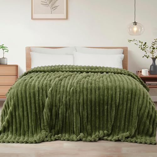 Exclusivo Mezcla Twin Size Flannel Fleece Blanket, Super Soft Striped Jacquard Bed Blanket, Lightweight Fuzzy Cozy for All Seasons, 60x80 Inches, Olive Green Exclusivo Mezcla