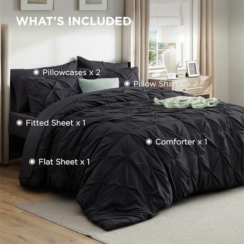 Bedsure Queen Comforter Set Black - Bed in a Bag Queen Size Bedding 7 Pieces, GentleSoft™ Pintuck Bed Set Gift for Family, Pinch Pleat All Season Comforter with Sheets, Pillowcases & Shams Bedsure